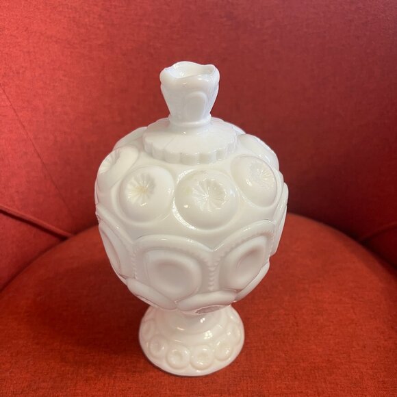 Vintage Moon and Stars Milk Glass Compote Jar with Lid - LE Smith 1960s - Picture 2 of 14
